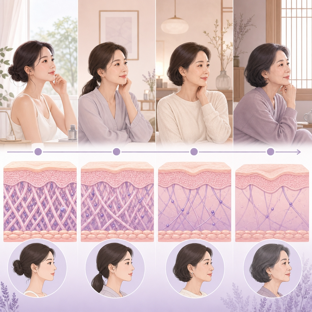 나이에 따라 콜라겐이 줄어드는 과정을 보여주는 피부 단면 일러스트
