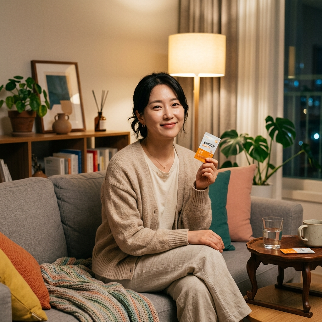 소파에 앉아 콜라겐 부스터 영양제를 들고 있는 한국 여성