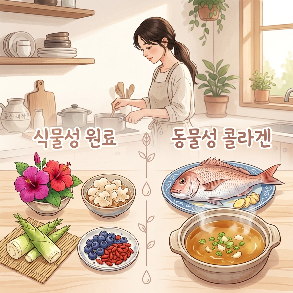 식물성 콜라겐 부스터 원료와 동물성 콜라겐 원료 비교 일러스트