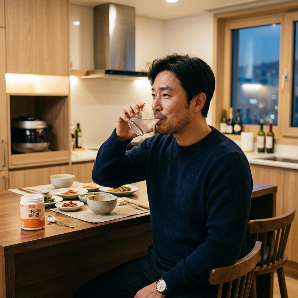 식후에 콜라겐 소화 부담 줄이며 섭취하는 한국 남성