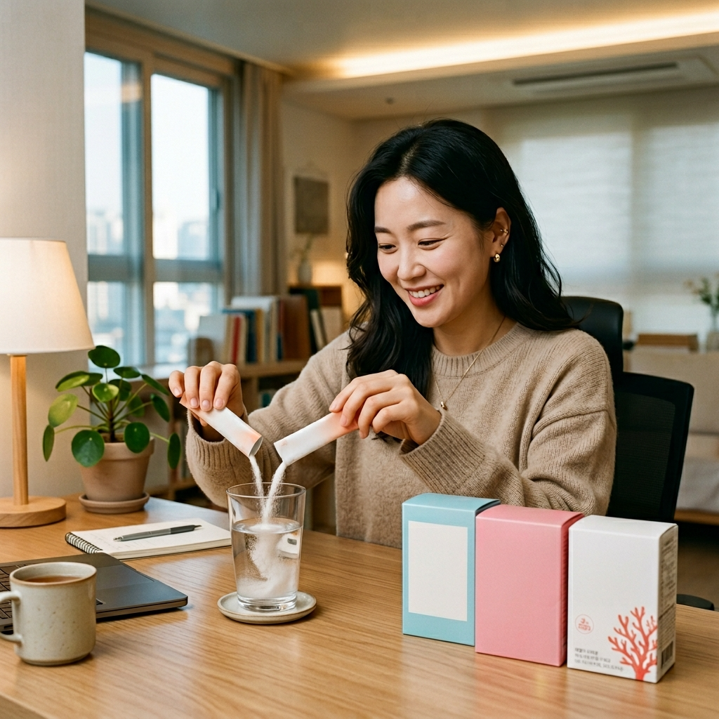 저분자 콜라겐 분말 스틱을 물에 타서 먹는 모습