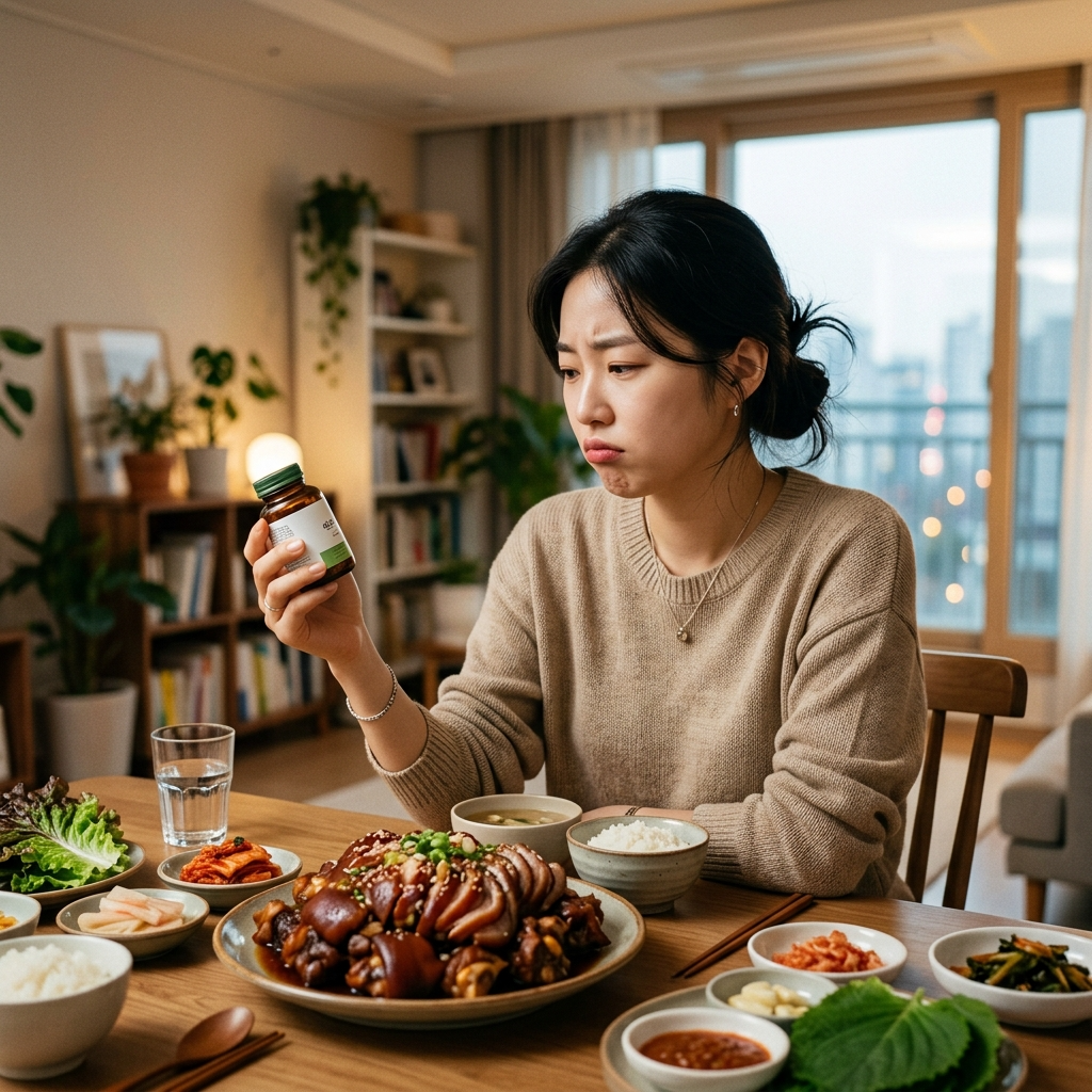 족발을 먹으며 콜라겐 보충 효과를 고민하는 한국 여성
