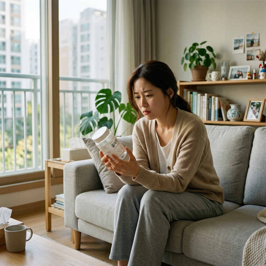 콜라겐 끊으면 원래대로 돌아가나, 중단 후 피부에 실제로 일어나는 일 1 콜라겐 끊으면 변화가 걱정되는 한국 여성이 소파에서 빈 콜라겐 용기를 바라보는 모습