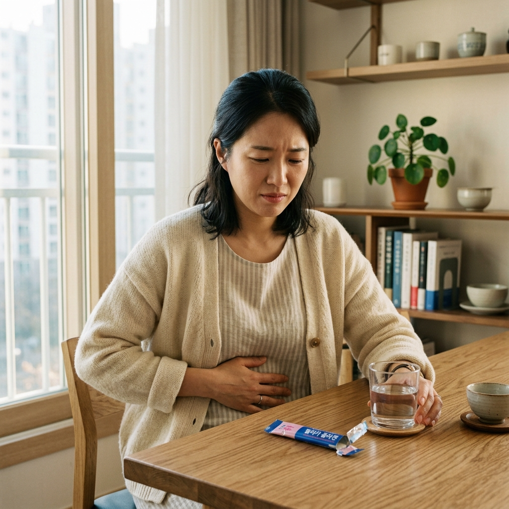 콜라겐 먹으면 소화 안되는 증상으로 복부를 잡고 있는 한국 여성