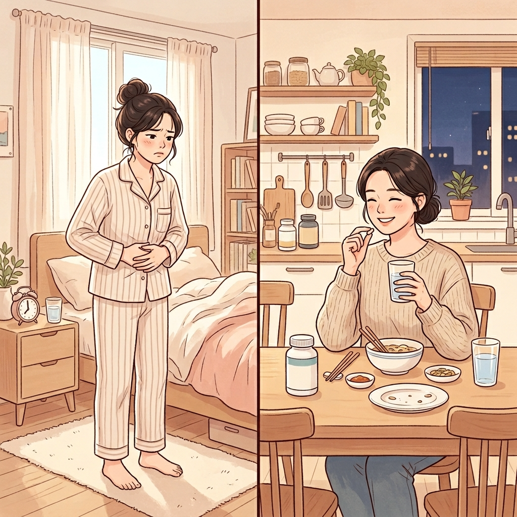 콜라겐 소화 문제 해결을 위한 아침 저녁 분할 섭취 일러스트