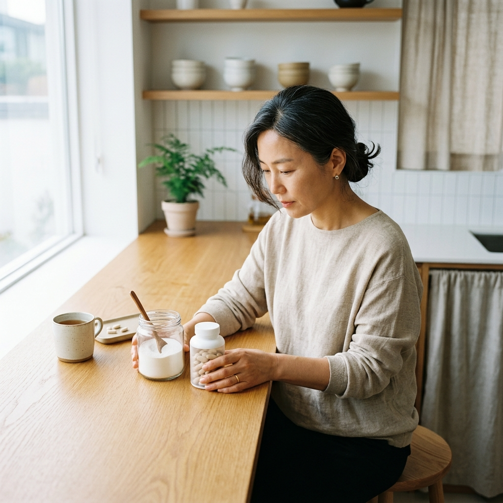 콜라겐 위산에서 파괴되나, 먹어도 소용없다는 말이 사실인지 따져봤다 3 콜라겐 위산 분해 걱정 없이 분말과 정제형 제품을 비교하는 한국 여성