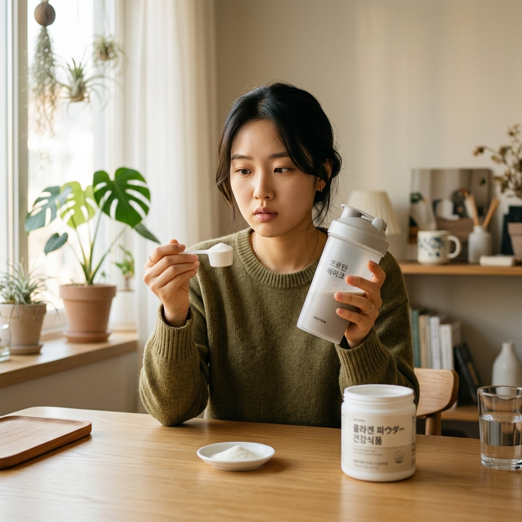 콜라겐 파우더와 단백질 보충제를 비교하는 한국 여성