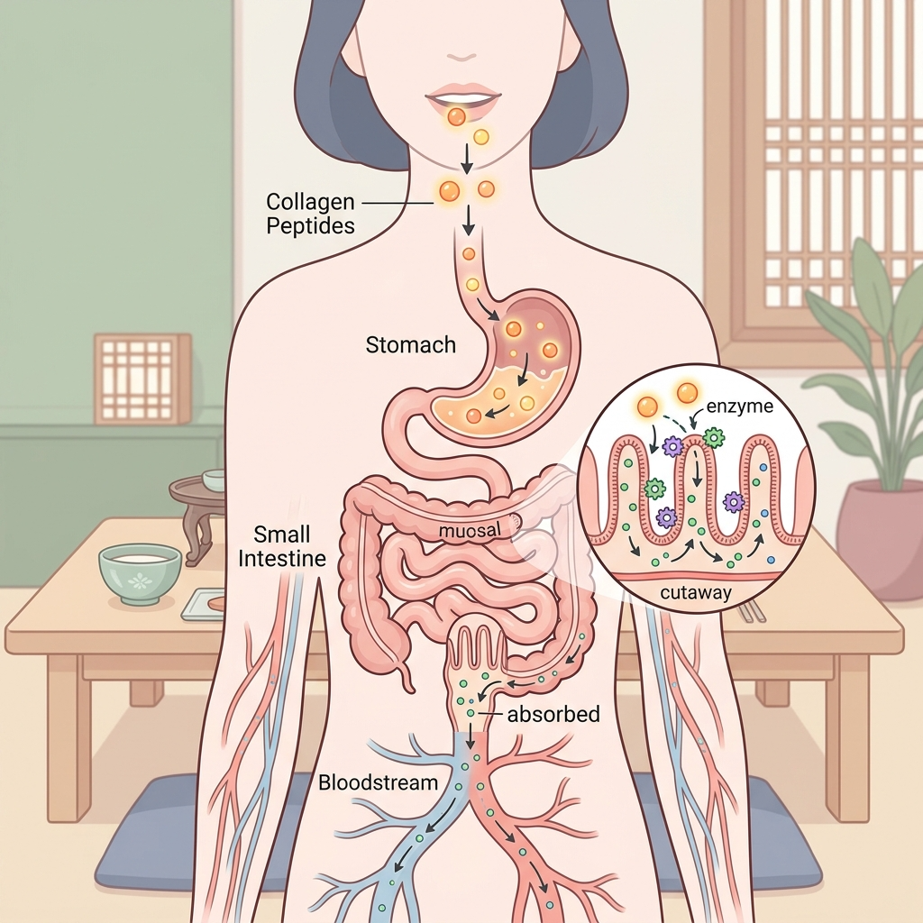 콜라겐 위산에서 파괴되나, 먹어도 소용없다는 말이 사실인지 따져봤다 2 콜라겐 펩타이드가 위와 소장을 거쳐 혈류로 흡수되는 과정 일러스트