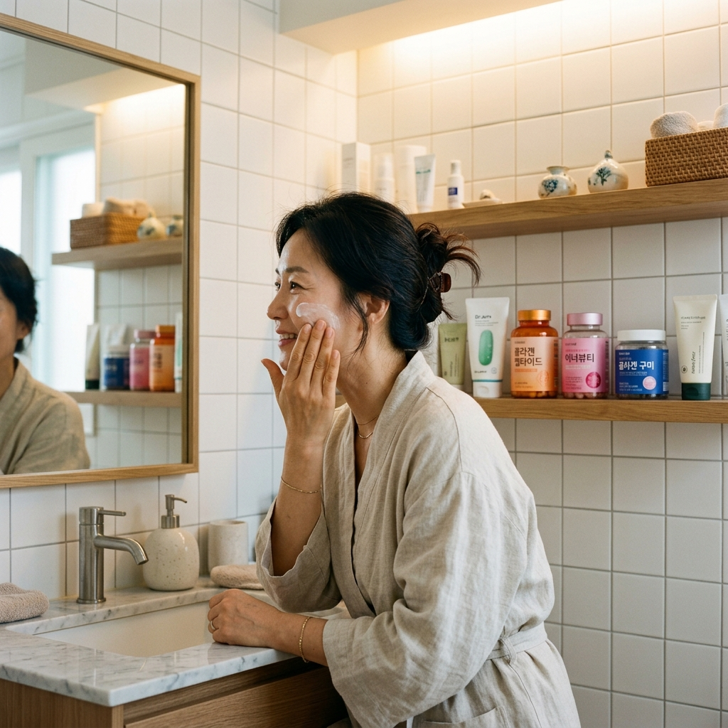 콜라겐 끊으면 원래대로 돌아가나, 중단 후 피부에 실제로 일어나는 일 3 한국 아파트 욕실에서 보습제를 바르며 거울을 보는 40대 한국 여성과 선반 위 콜라겐 영양제