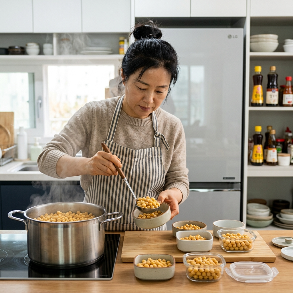 한국 여성이 삶은 병아리콩 보관법으로 반찬통에 소분하는 장면