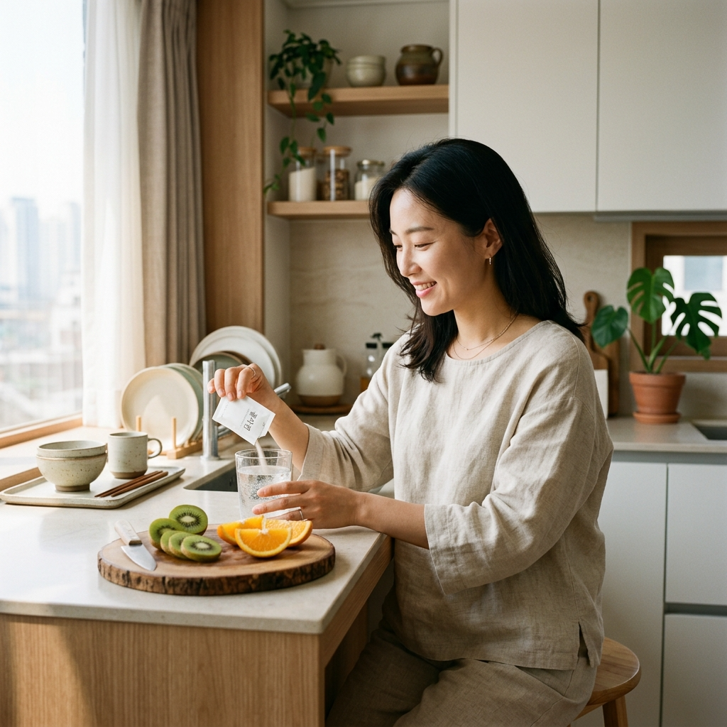 한국 주방에서 콜라겐 파우더와 과일을 준비하는 여성의 아침 루틴