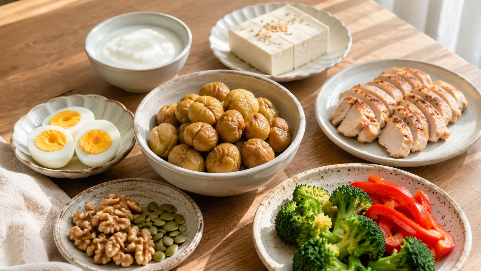 밤과 궁합 좋은 음식인 달걀 두부 요거트 닭고기 채소 견과류를 차린 식탁