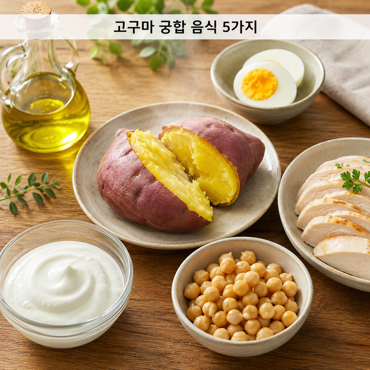 고구마와 궁합 좋은 음식 5가지 조합 고구마와 궁합 좋은 음식 올리브오일 달걀 닭가슴살 요거트 병아리콩