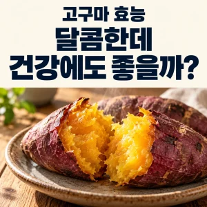 고구마 효능과 건강상 이점을 묻는 큰 글자와 황금빛 군고구마 썸네일