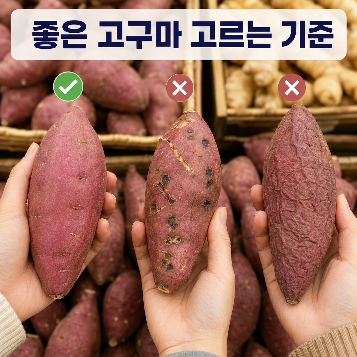 좋은 고구마 고르는 기준 비교 좋은 고구마와 상처, 검은 반점, 주름이 있는 고구마 비교